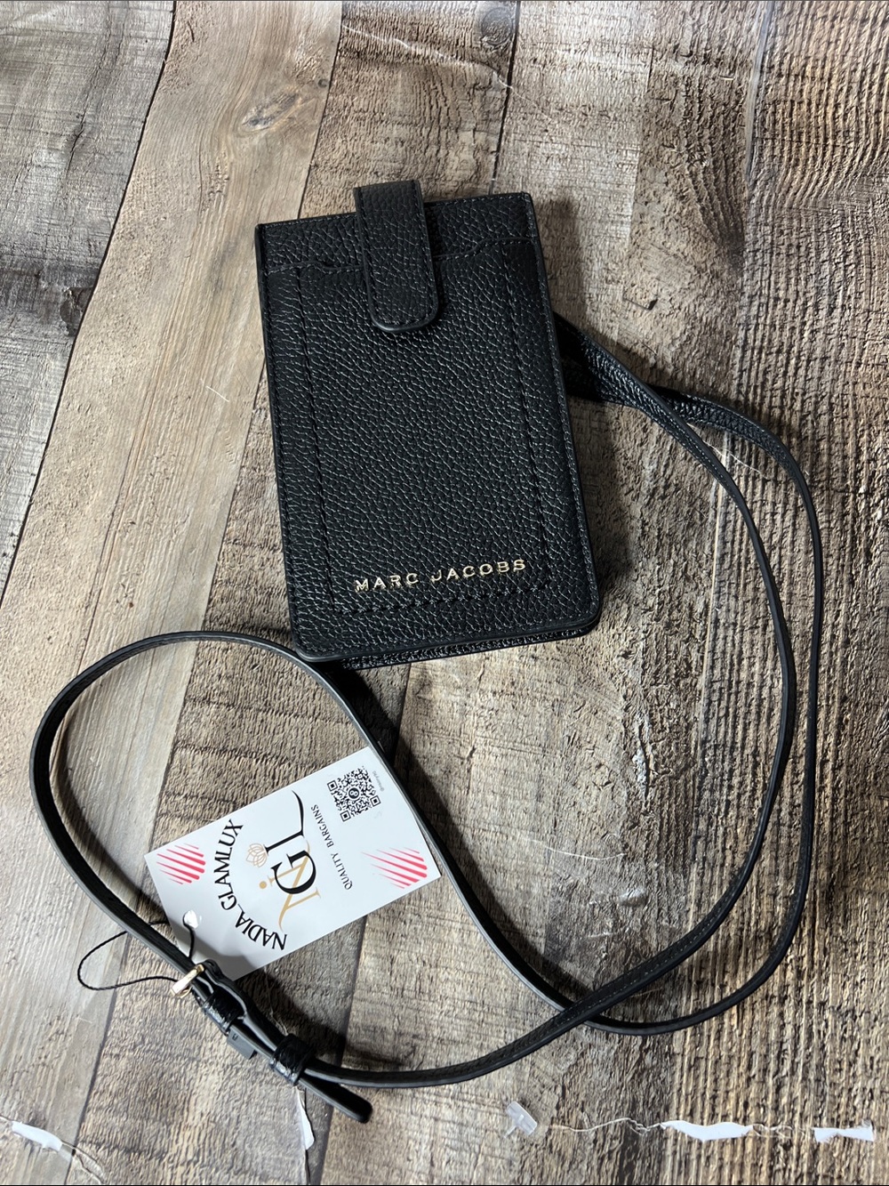 Marc Jacobs Black Pebbled Leather phone Neck Card Case